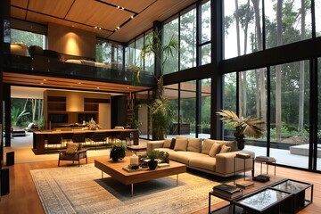A living room filled with furniture and flooded with natural light from numerous windows.