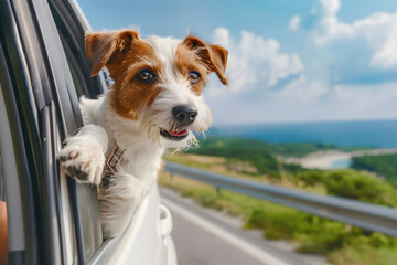 Funny cute dog look out of the car window on the road. Summer trip with view of beach.