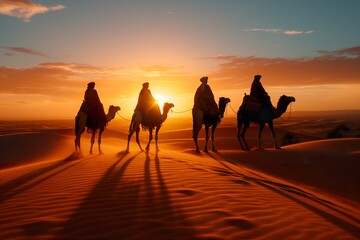Group of people, resembling wise men kings from Egypt, riding camels across a vast desert landscape.