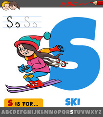 letter S worksheet with cartoon illustration of ski winter sport