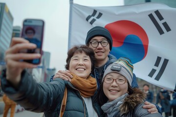 Two individuals pose for a selfie with a South Korean flag in the background.