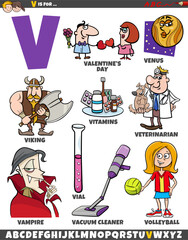 Letter V set with cartoon objects and characters