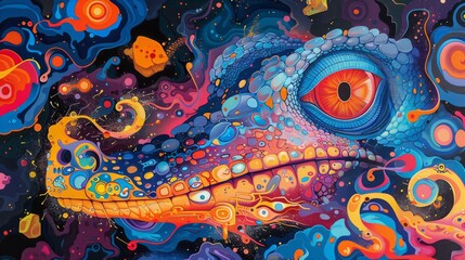 Vivid and surreal underwater scene painting featuring an ornate crocodile among colorful