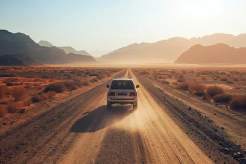 Foto op Canvas A rugged truck speeds down a dusty desert road under the scorching sun. © Joaquin Corbalan