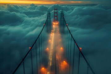 The iconic Golden Gate Bridge stands out against the dark night sky, surrounded by ethereal clouds.