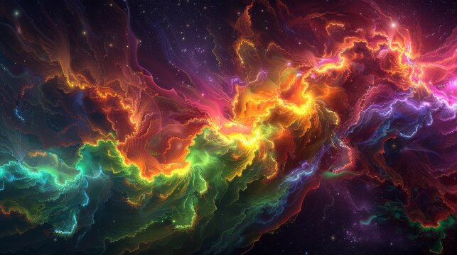 Digital art depiction of a colorful, swirling nebula in space, radiating with bright neon colors against a starry