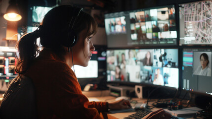 Fototapeta na wymiar A focused woman with headphones edits video footage on multiple computer monitors in a dark room.