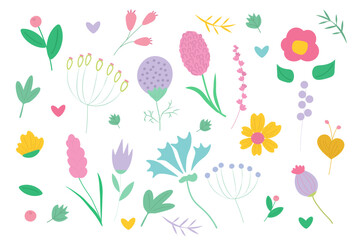 Fototapeta na wymiar Hand drawn abstract flowers. Set of colorful romantic plants