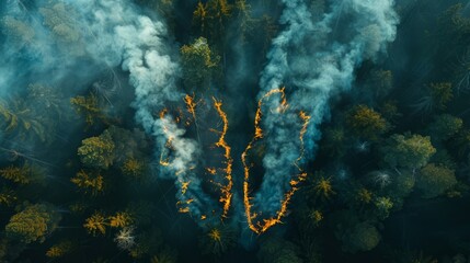 Aerial top view forest tree of ecological disaster of fires Lungs from forest trees and fire concept Ecology and environment creative idea Breath of planet earth. Copy space illustration - obrazy, fototapety, plakaty