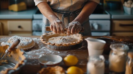 Fototapeta na wymiar Close-up of baker making pie in domestic kitchen