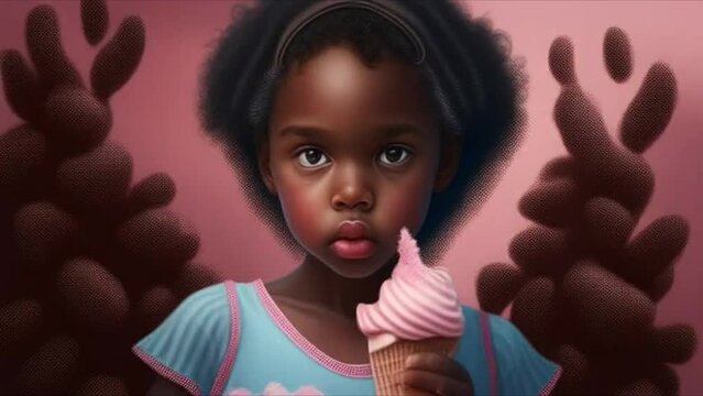 Little afro american girl with ice cream on monochrome background
