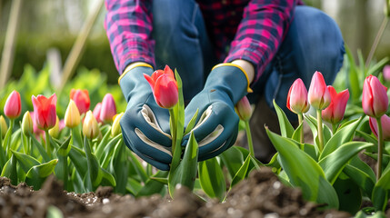 Close-Up Gardening Woman Planting Tulips. Adult female planting tulips outdoors, suggesting springtime gardening activities. - Powered by Adobe