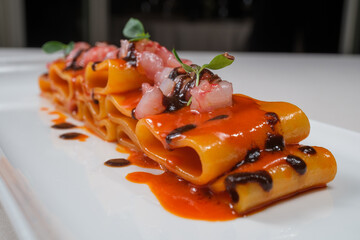 Paccheri con gamberi e aceto