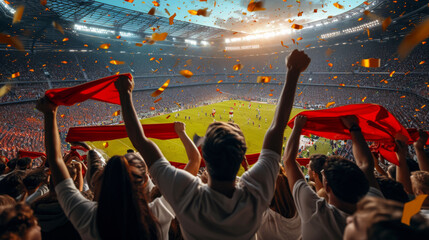crowded sports stadium with a vibrant atmosphere, where spectators are holding up red scarves and...