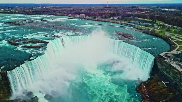 Niagara Falls, Canada - March 8 2024: 4k Drone aerial view of Niagara falls in Ontario Canada