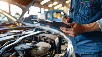 Auto check, car service shop concept. Automobile repairman writing job checklist on clipboard, mechanic checking engine to estimate repair machine, inspecting maintenance by engineer at vehicle garage - obrazy, fototapety, plakaty