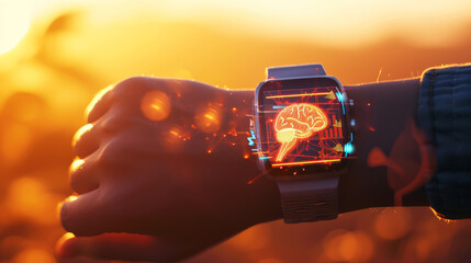 close-up of a person's wrist wearing a smartwatch that displays a futuristic holographic human anatomy diagram