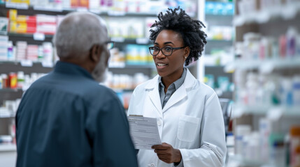 female pharmacist is consulting with an elderly male customer in a pharmacy