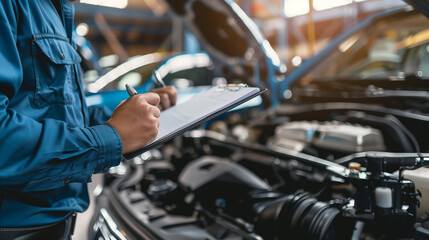 Auto check, car service shop concept. Automobile repairman writing job checklist on clipboard, mechanic checking engine to estimate repair machine, inspecting maintenance by engineer at vehicle garage