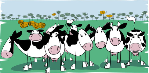 Herd of dairy cows holstein breed in humoristic illustration in a meadow grazing walking and looking towards the observer and isolated illustration