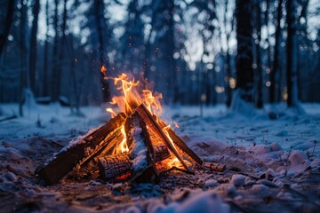 Bonfire with fire in winter frosty forest