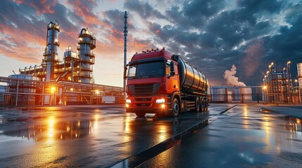  Transportation of oil and natural gas by truck. Oil Refinery factory and petrochemical plant. Petroleum industry. The art of oil transport.