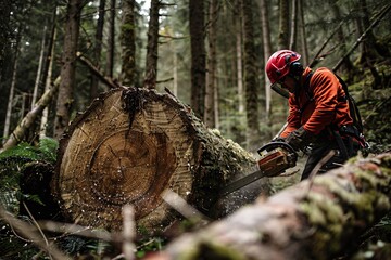 lumberjacks cut down a big trees in the forest. Ai Generative - obrazy, fototapety, plakaty