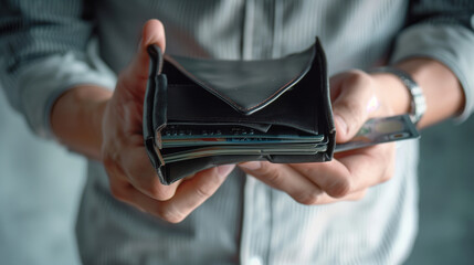 Debt financial concept, stressed problem people asian man, male hand open empty wallet not have budget of money to pay no have credit card, not able payment bill, loan or expense with bank, bankruptcy