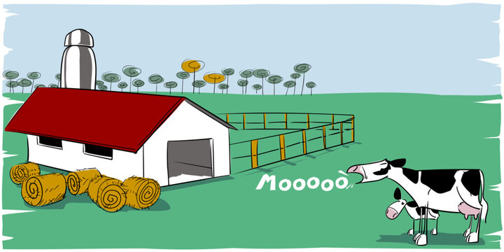 Dairy cow and her little calf say moo in front of the cow barn and balls of hay or fodder in a large meadow on a summer day