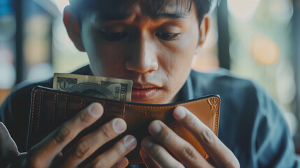Debt financial concept, stressed problem people asian man, male hand open empty wallet not have budget of money to pay no have credit card, not able payment bill, loan or expense with bank, bankruptcy - obrazy, fototapety, plakaty