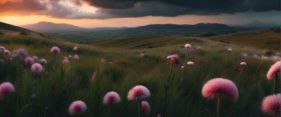 Sunrise over a meadow with wonderful flowers - 755866725
