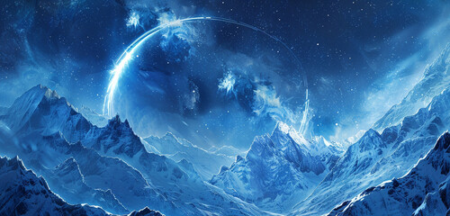 A celestial arc in striking cobalt, bridging the gap between two majestic, snow-capped mountain ranges