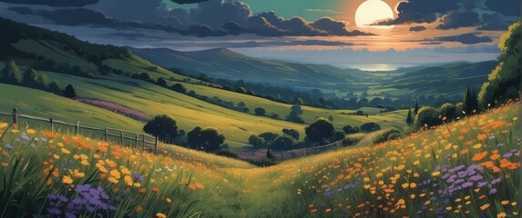 Sunrise over a meadow with wonderful flowers - 755866773