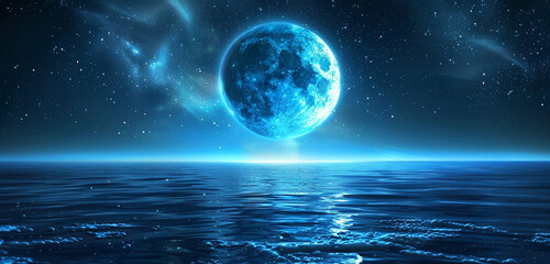 A celestial sphere in vibrant indigo, floating above the endless expanse of a calm, starry sea