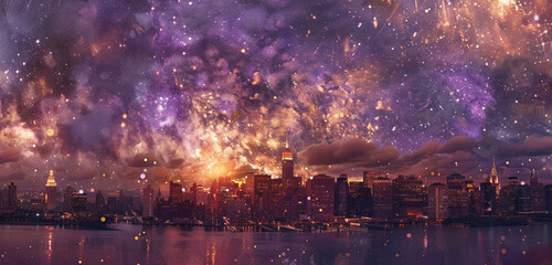 A city skyline at dusk blended with a galaxy-filled sky, for a double exposure urban fantasy, in...
