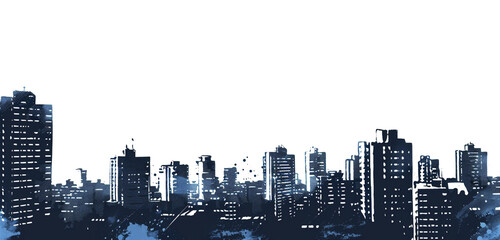 A cityscape at twilight, with buildings outlined in black ink against a dusky blue sky, starkly urban, isolated on white background