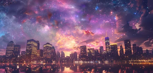 Poster de jardin Skyline A city skyline at dusk blended with a galaxy-filled sky, for a double exposure urban fantasy, in purple and gold