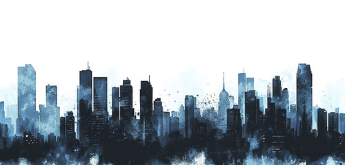 A cityscape at twilight, with buildings outlined in black ink against a dusky blue sky, starkly urban, isolated on white background