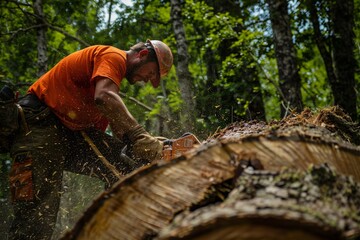 lumberjacks cut down a big trees in the forest. Ai Generative