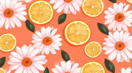 Vibrant Orange Fruit and Daisy Flower Seamless Pattern on a Pink Background - Tropical Summer Freshness in a Whimsical Botanical Design for Cheerful and Bright Decorative Projects