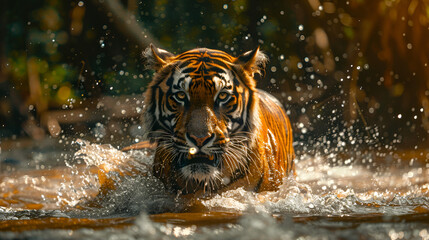 Fototapeta na wymiar Roaring tiger crossing the stream. generative ai 