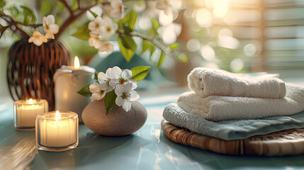 A tranquil spa setting with fluffy towels, lit candles, and fresh blooms basking in the gentle light filtering through the blinds.