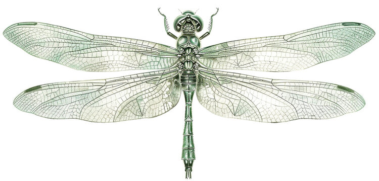 A detailed dragonfly, its wings and body depicted in luminous green and silver inks, elegantly poised, isolated on white background