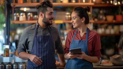 man and a woman, both wearing aprons and engaged in a discussion with a tablet and a smartphone in their hands