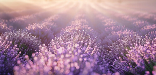 A detailed, a sprawling, lavender field under a soft, early morning light, with dew highlighting...