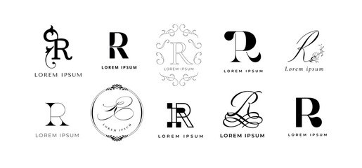 Creative R emblem. Letter r monogram for romantic, retro or rainbow style branding template. Business name initial vector icon set