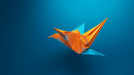 Fototapeta premium orange origami bird flying on a blue background сreated with Generative Ai