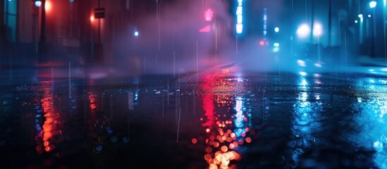 Dark street reflection on the wet pavement with neon light