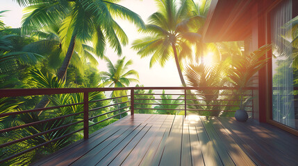 summer delight wooden balcony patio deck with sunlight and coconut tree panorama view house interior mock up design background.  generative ai - obrazy, fototapety, plakaty