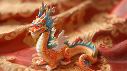 Miniature Chinese dragon on a traditional red and gold background